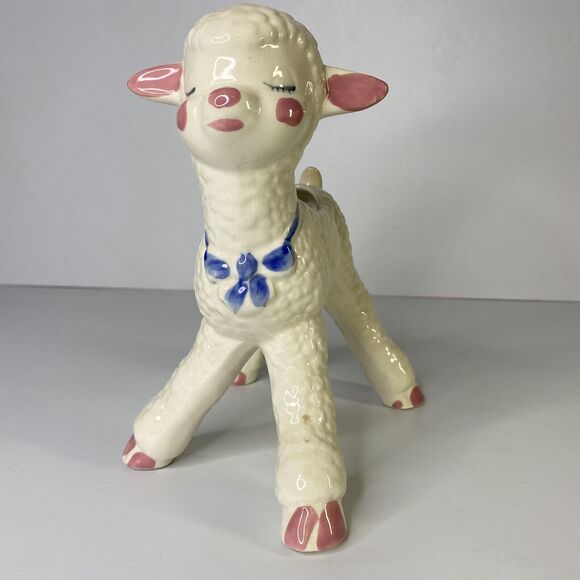 Vintage 8" Ceramic Lamb Planter Long Legs USA Nursery Decor Kitschy Rosy Cheeks - Picture 3 of 12